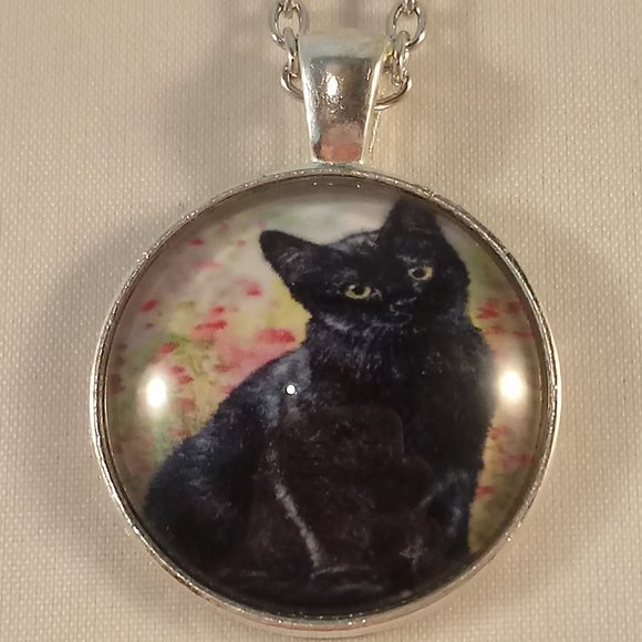 Kristy's Jewels Jewelry Silver Black Cat Flowers Cabochon Pendant